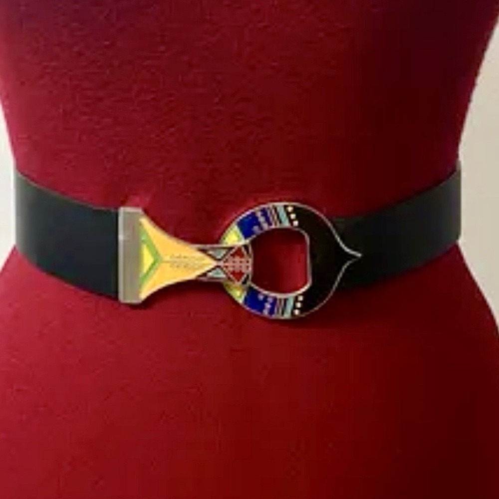 Vintage Chico's Black Leather‎ Enamel Slide Belt Circle Hook Buckle M / L Tribal